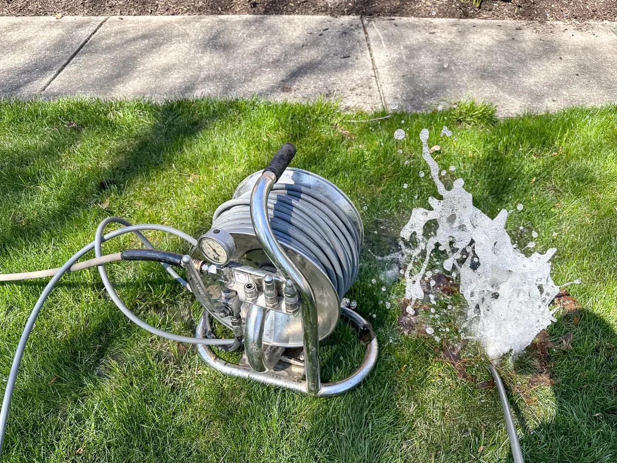 Clear water flowing from drain with jetting reel visible