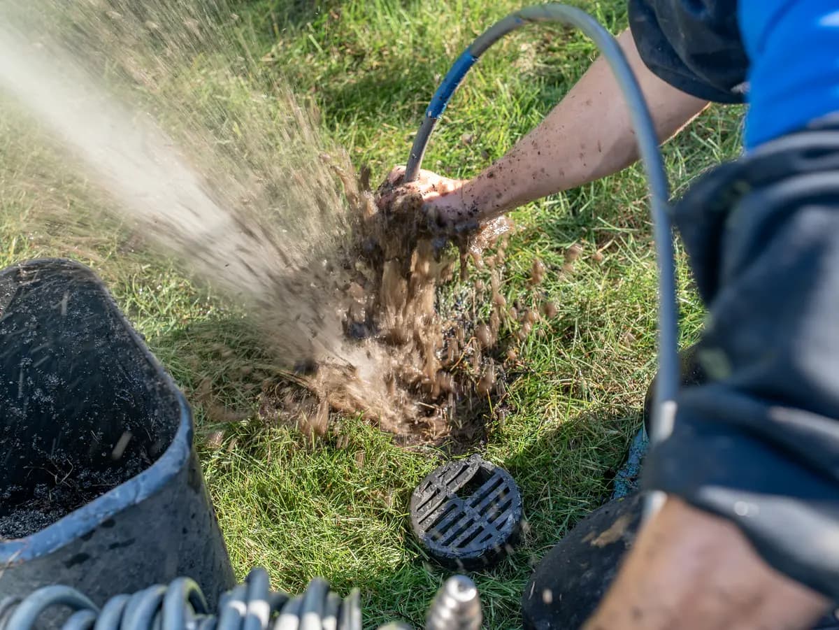 Close-up of cleared drain with clean water flowing