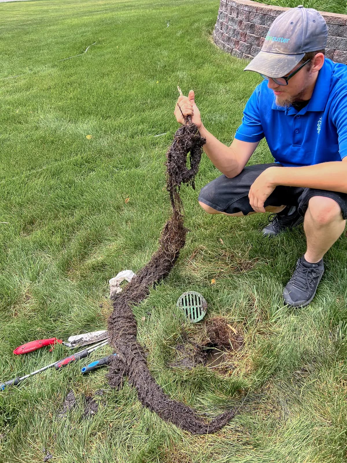 Large root pulled from buried downspout drain during jetting